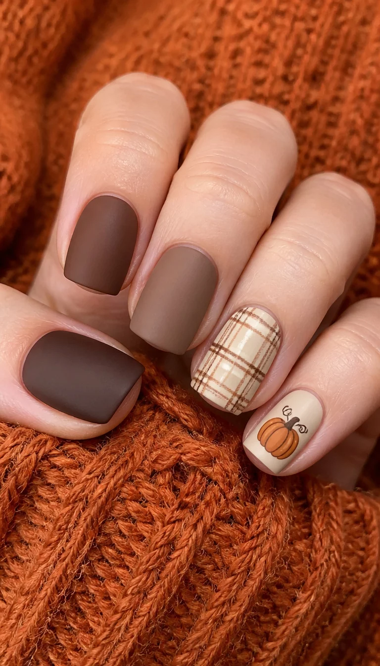 close-up shot of a woman’s hand with five fingers showing short, squoval nails painted in matte brown tones with accent nails featuring a cream base, light brown plaid pattern, and a tiny pumpkin design, orange sweater background.