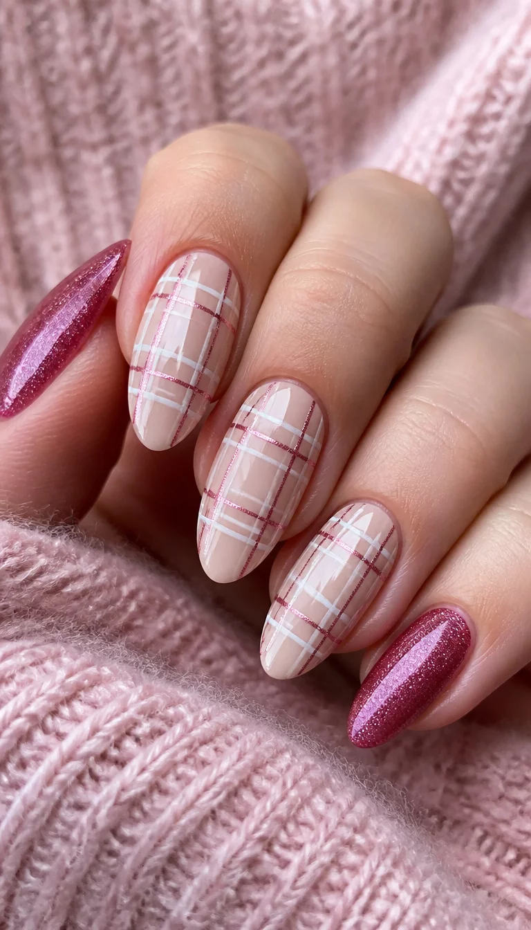 close-up shot of a woman’s hand with five fingers showing long and almond-shaped nails with a natural base and a plaid design in white and metallic pink plus shimmering deep pink nails, soft pink knit background.