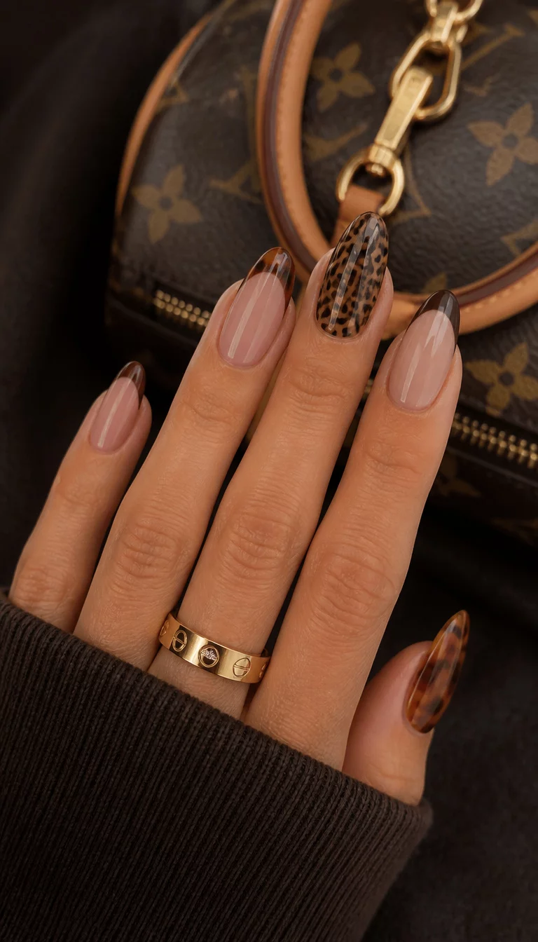 close-up shot of a woman’s hand with five fingers showing almond-shaped nails featuring brown and natural colors with classic French tips and tortoiseshell and leopard print designs, high-end handbag background.
