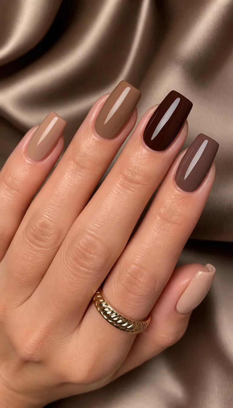 close-up shot of a woman’s hand with five fingers showing square and long nails with a variety of beige and cocoa shades and one deep glossy chocolate brown nail, gold ring on finger, silk fabric background.