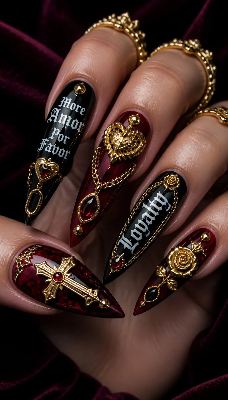 close-up shot of a woman’s hand with five fingers showing long stiletto shape nails adorned with gold charms, chains, jewels, and 3D elements on deep red and black bases with white lettering, dark velvet background.