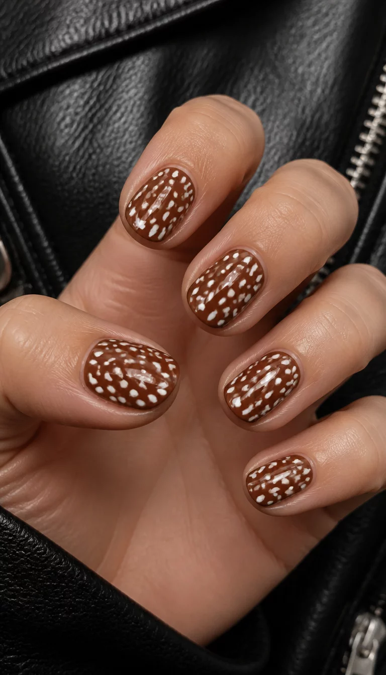 close-up shot of a woman’s hand with five fingers showing short and oval nails with a glossy brown base and a white speckled pattern resembling a deer's coat, black leather jacket background.
