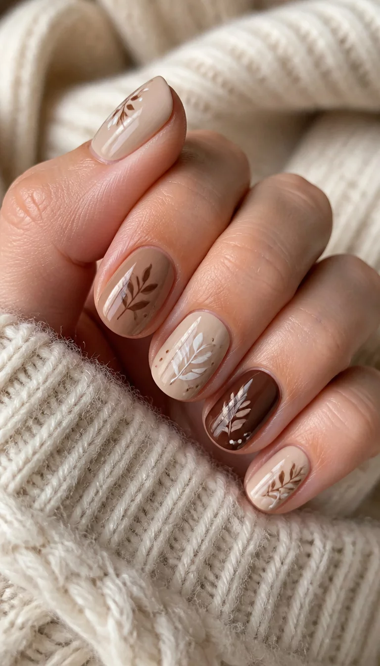close-up shot of a woman’s hand with five fingers showing short and oval-shaped nails painted in warm sand and cocoa colors with delicate white and brown leaf designs, soft cream wool background.