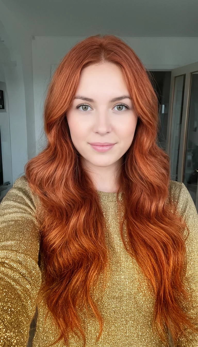 Golden Copper Volume selfie of a 22-year-old woman wearing a gold shimmery top with a copper-orange hair colored long, voluminous hairstyle, front view, indoor background