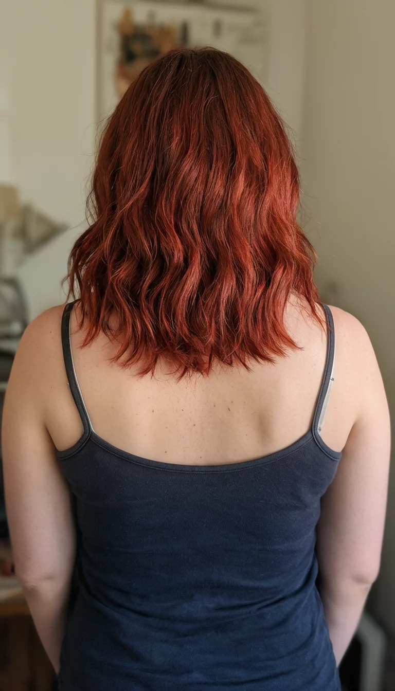 Roasted Chestnut Waves casual photo of a 28-year-old woman wearing a dark camisole with a reddish-brown hair colored shoulder-length, wavy hairstyle, back view, indoor background