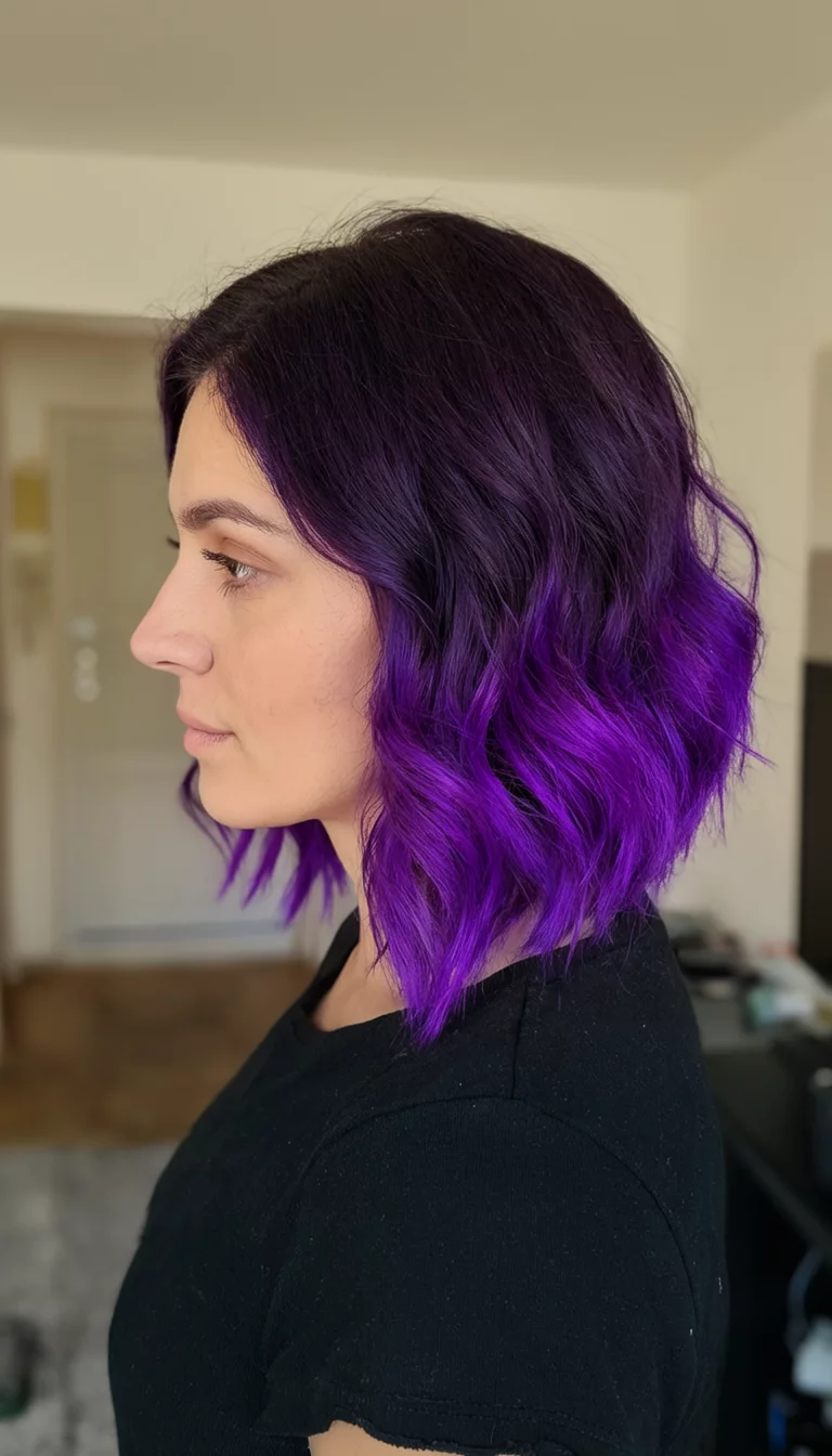 Midnight Plum Shag casual photo of a 30-year-old woman wearing a black top with a dark purple hair with bright purple ends colored shoulder-length bob, wavy hairstyle, side view, indoor background