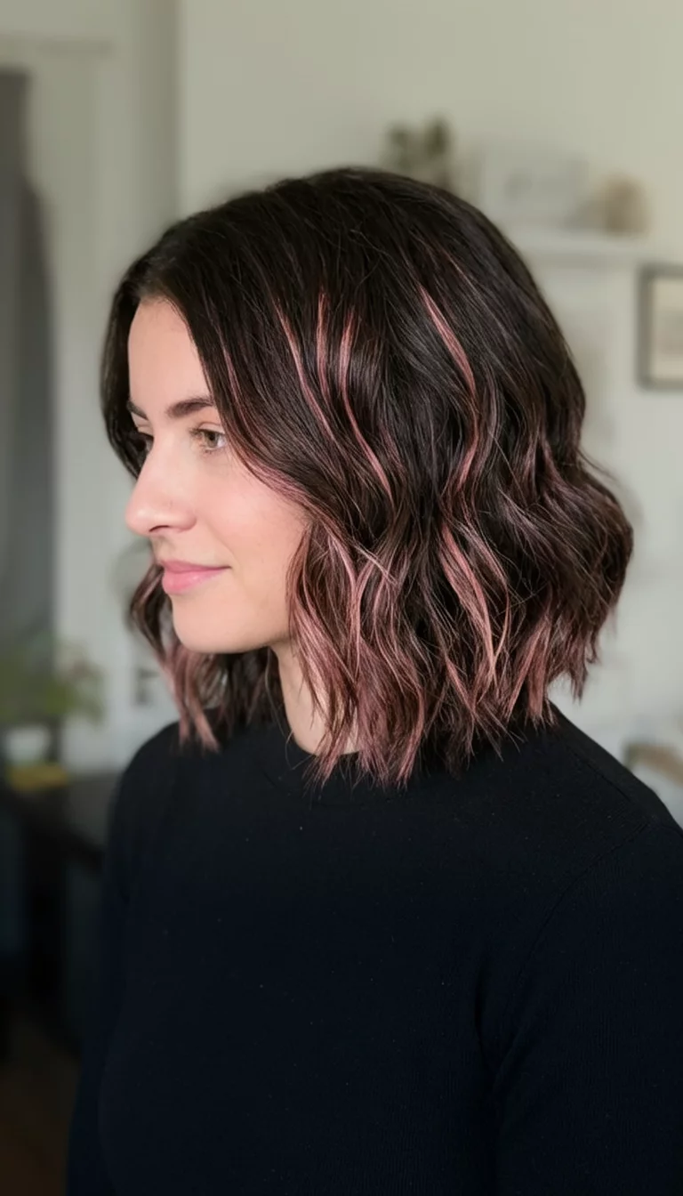 Rose Gold Shadow casual photo of a 31-year-old woman wearing a black top with a dark brown hair with subtle rose-gold highlights colored shoulder-length bob, wavy hairstyle, side view, indoor background