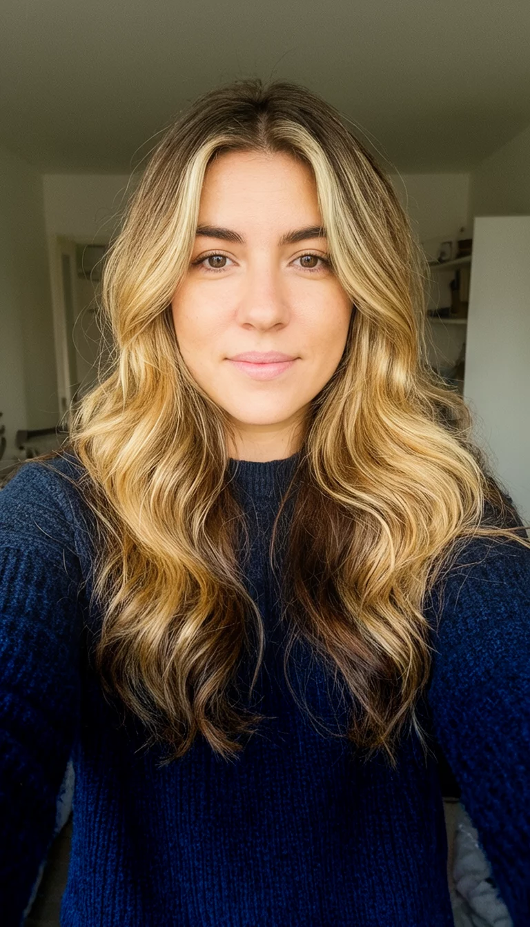 Golden Hour Glow selfie of a 27-year-old woman wearing a dark blue sweater with a golden blonde and brown hair colored long, wavy hairstyle, front view, indoor background