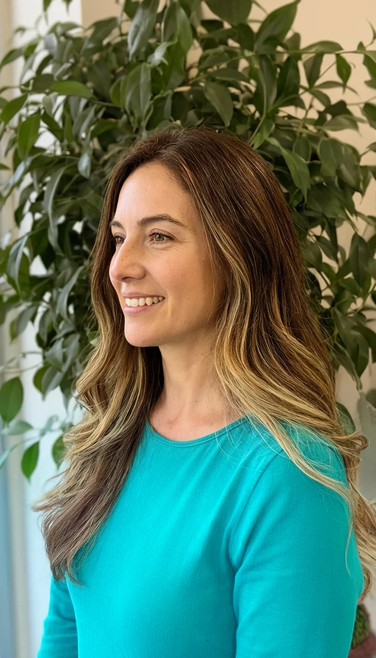 Honey Wheat Accents On Walnut Brown casual photo of a 34-year-old woman wearing a teal top with a brown hair with blonde highlights colored long, wavy hairstyle, front-side view, large plant in the background