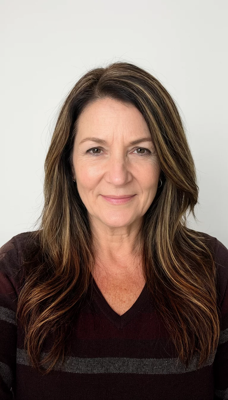 The Modern Trio Melt selfie of a 48-year-old woman wearing various tops with a dark brown with highlights and brown with streaks colored long and short hairstyles, front view, studio background