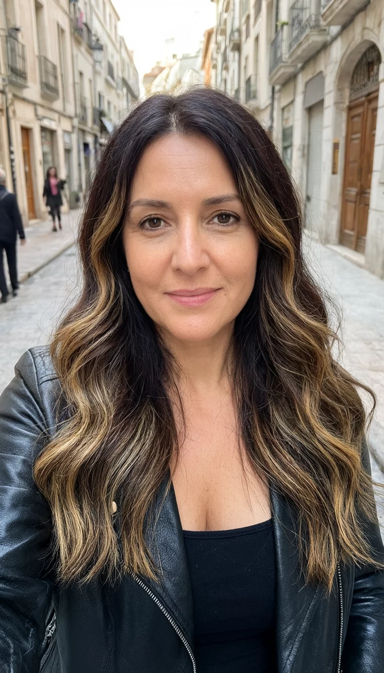 Caramel Leather Luxe selfie of a 38-year-old woman wearing a black top and leather jacket with a dark brown hair with subtle blonde and caramel highlights colored long, wavy hairstyle, front view, street background