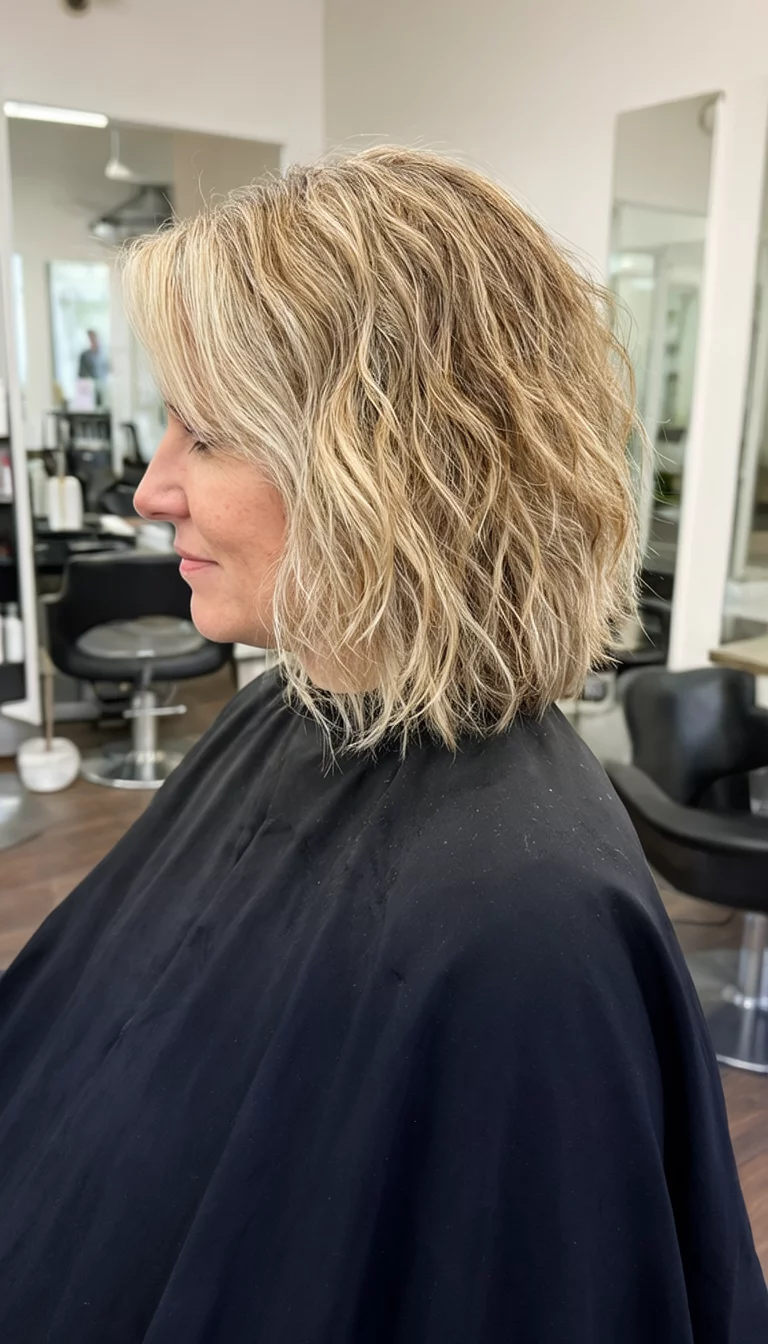 Champagne Shag Highs casual photo of a 37-year-old woman wearing a black cape with a blonde and light brown hair colored medium-length shag, wavy hairstyle, side profile view, salon background