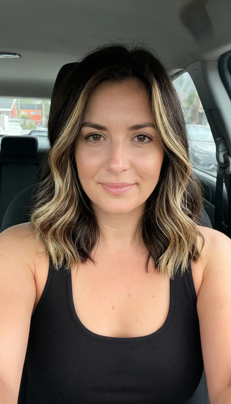 Road Trip Ribboning selfie of a 28-year-old woman wearing a black tank top with a dark brown hair with blonde streaks colored medium-length, wavy hairstyle, front view, car interior background