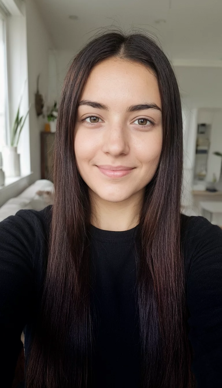 Feathered Onyx Wood selfie of a 24-year-old woman wearing a black top with a dark brown hair colored long, straight hairstyle, front view, indoor background