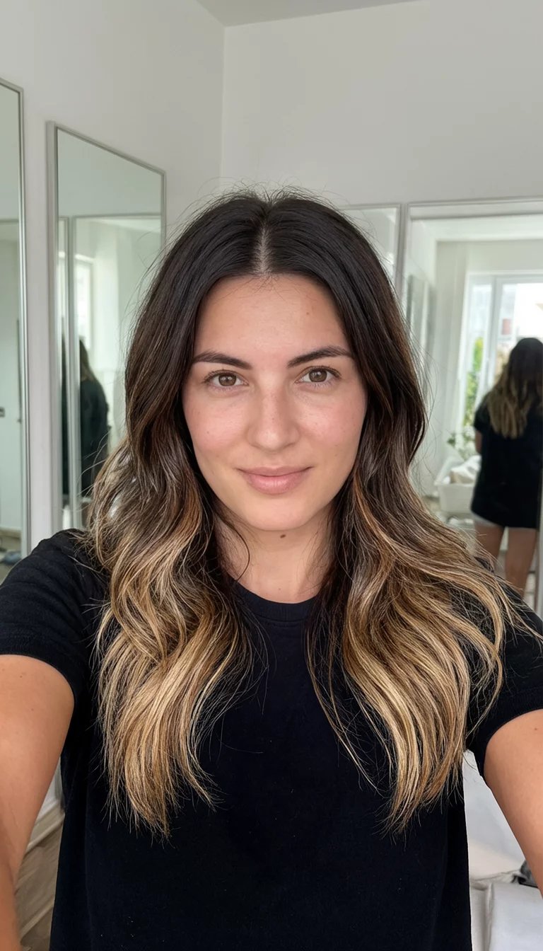 Mirror Shine Mocha Blonde selfie of a 26-year-old woman wearing a black t-shirt with a dark brown hair with blonde highlights colored long, wavy hairstyle, front view, room with mirrors background