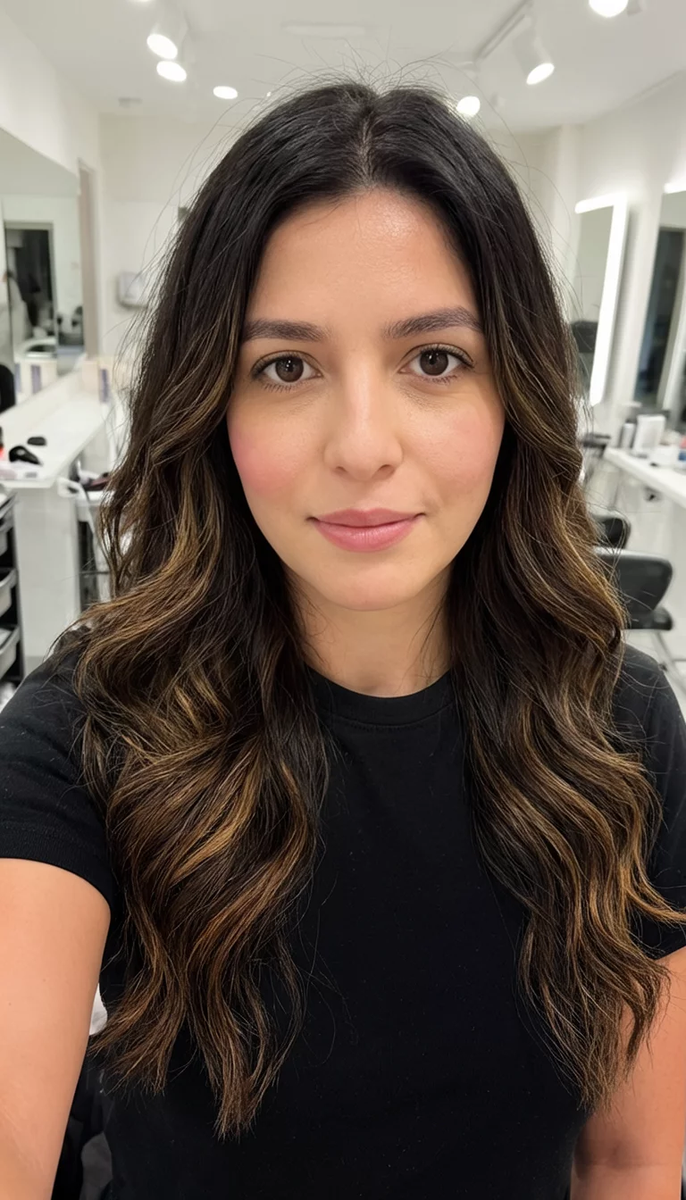 Espresso Base With Sun Kissed Ribbons selfie of a 29-year-old woman wearing a black t-shirt with a dark brown hair with highlights colored long, wavy hairstyle, front view, salon or studio background