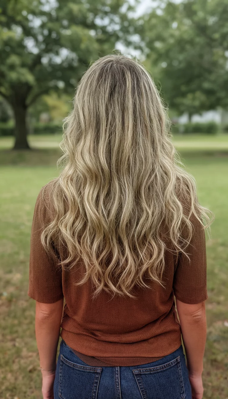 The Brunette Spectrum casual photo of a 35-year-old woman wearing various tops with a shades of brown and blonde colored long, wavy hairstyle, back view, outdoor background