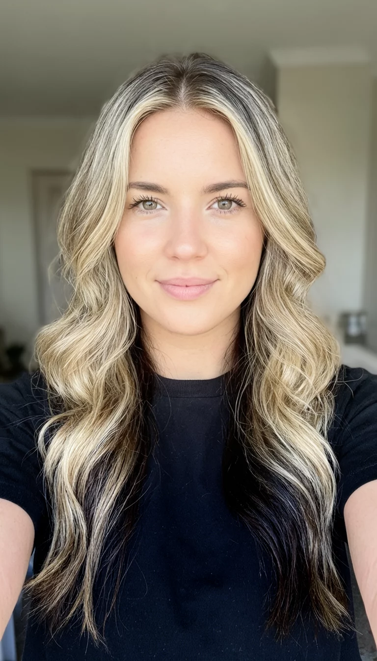 Blue Eyed Blonde Blend selfie of a 25-year-old woman wearing a black t-shirt with a blonde and dark blonde hair colored long, wavy hairstyle, front view, indoor background