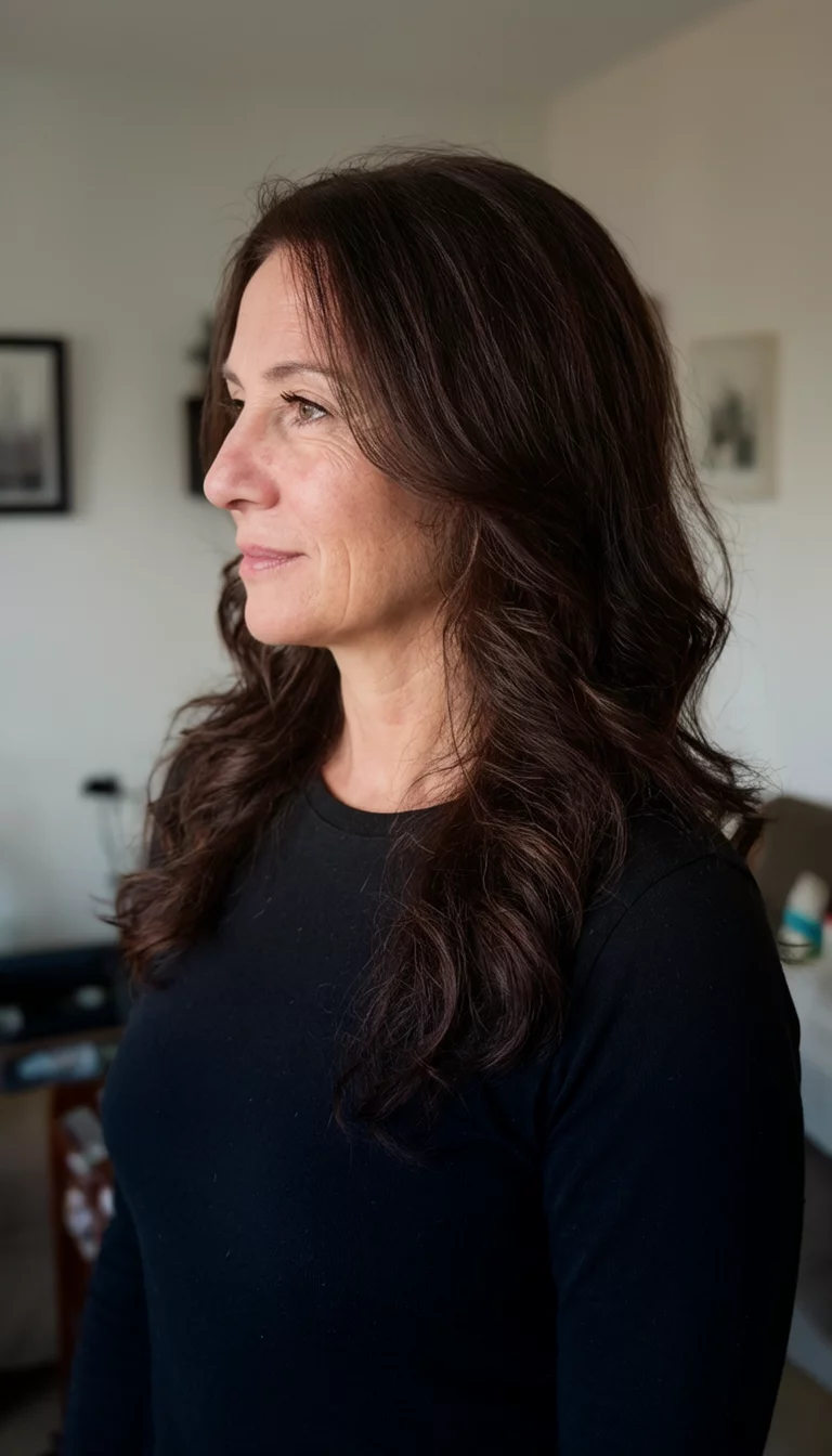 Sultry Coffee Fringe casual photo of a 41-year-old woman wearing a black long-sleeved shirt with a dark brown hair colored long, wavy hairstyle, side profile view, indoor background