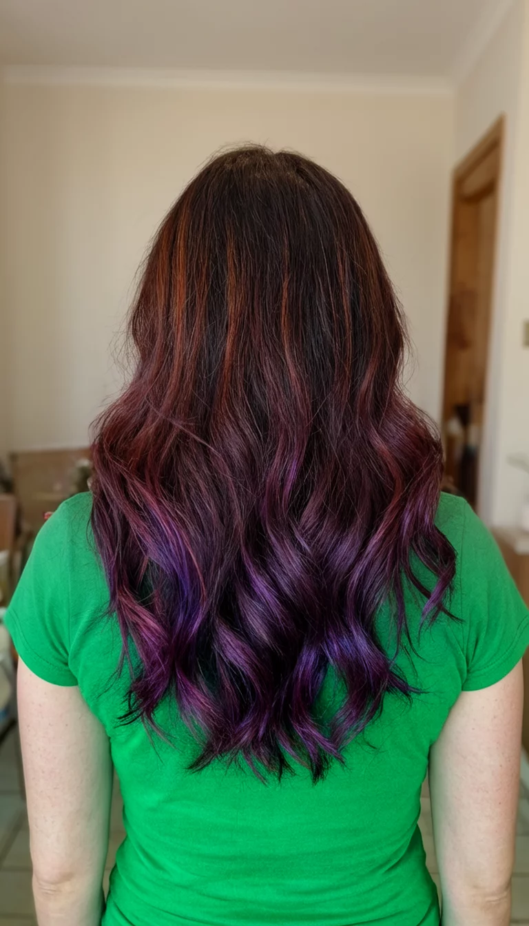 Hidden Amethyst Brunette casual photo of a 36-year-old woman wearing a green top with a dark brown hair with subtle reddish-brown and purple undertones colored long, wavy hairstyle, back view, indoor background