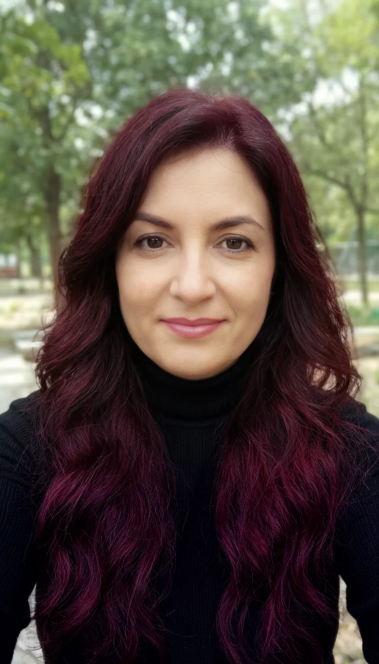 Mulled Wine Brunette selfie of a 33-year-old woman wearing a black turtleneck with a dark reddish-brown hair colored long, wavy hairstyle, front view, outdoor background