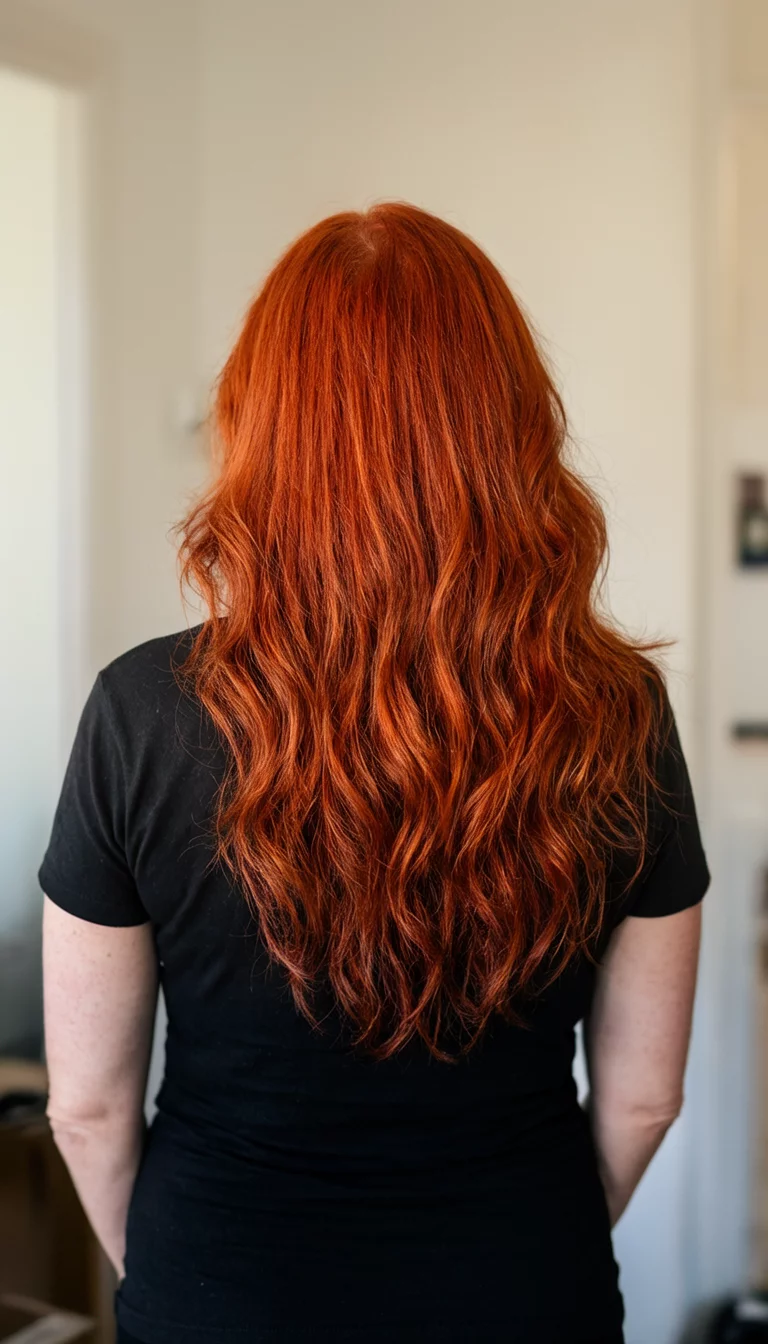 Vibrant Auburn Backsplash casual photo of a 42-year-old woman wearing a black top with a vibrant auburn hair colored long, wavy hairstyle, back view, indoor background