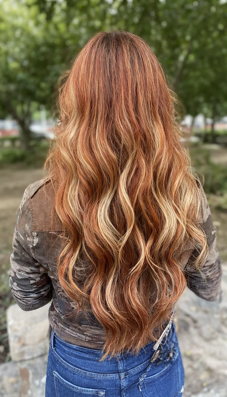 Copper Sunset Collage casual photo of a 39-year-old woman wearing various tops with a vibrant copper, brown, and blonde colored long, wavy hairstyle, back view, outdoor background