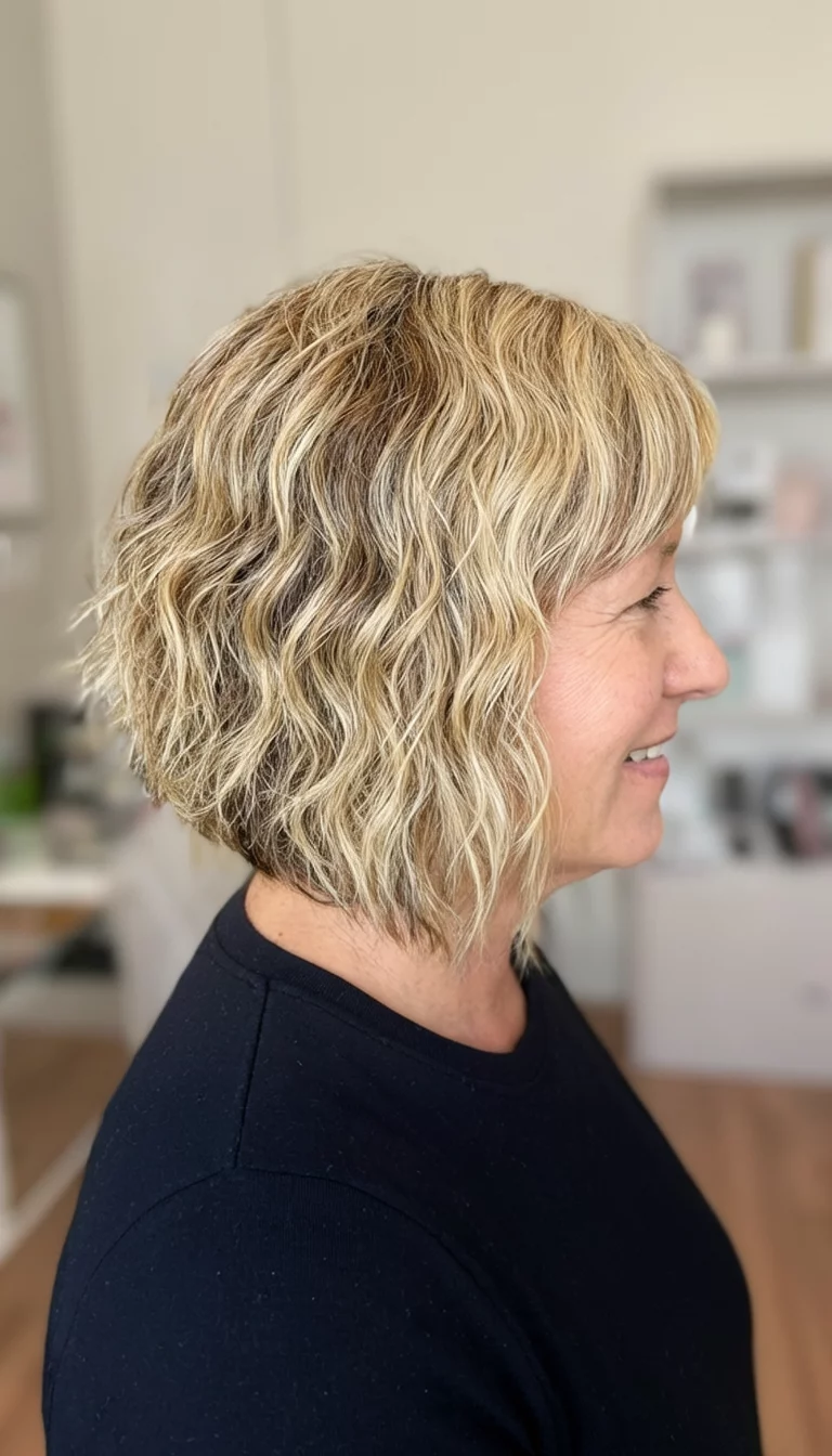 Toasted Pecan Bob casual photo of a 45-year-old woman wearing a black garment with a blonde and brown hair colored textured bob, wavy hairstyle, side view, indoor background