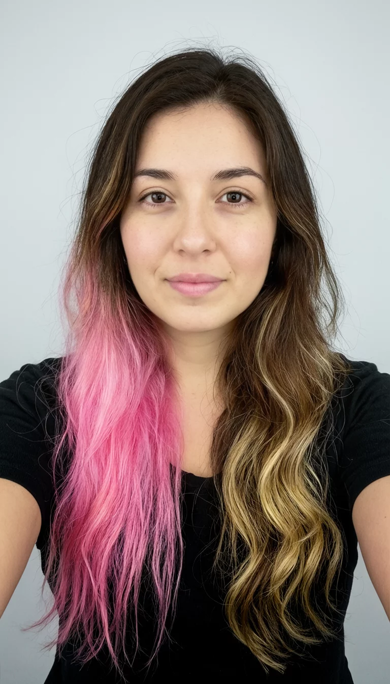 The Multi Tone Autumn Collage selfie of a 31-year-old woman wearing a black top with a dark brown hair with ombre, long pink hair, and medium-length brown hair with blonde highlights colored long, wavy hairstyle, front view, studio background