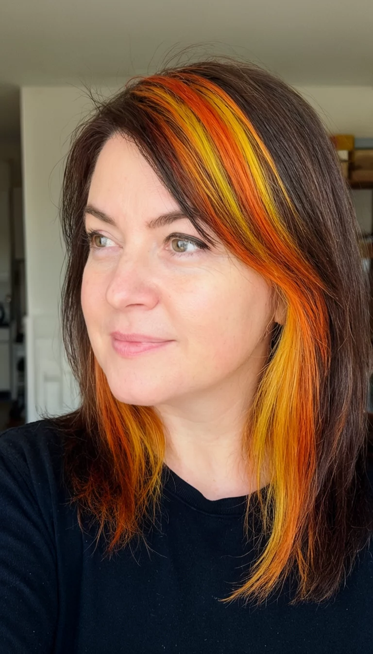 Autumn Firework Streaks selfie of a 32-year-old woman wearing a black top with a dark brown hair with vibrant streaks of orange and yellow colored medium-length, layered hairstyle, front-side view, indoor background