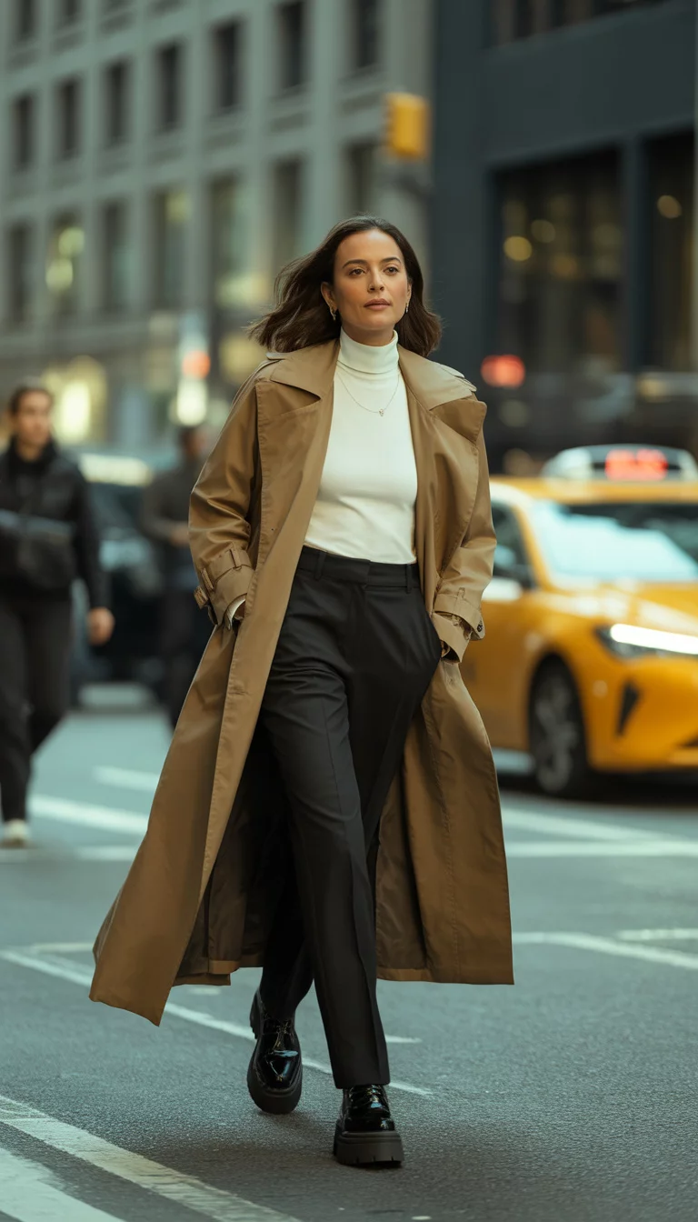 A beautiful 39-year-old woman in a long tan trench coat, white turtleneck, black pants, and chunky black platform shoes, walking down a city street.