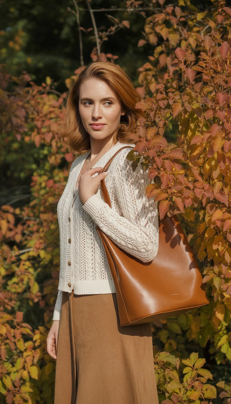 A beautiful 27-year-old woman in an intricate cream button-up cardigan, brown suede skirt, and a brown leather bucket bag, standing among autumn foliage.