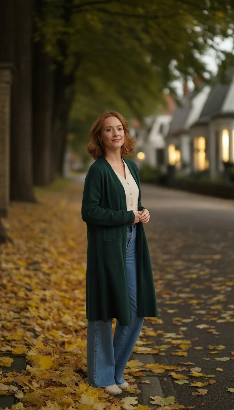 A beautiful 37-year-old woman in a dark green long cardigan, light cream top, and blue wide-leg jeans, standing on a street lined with fallen leaves and residential houses.