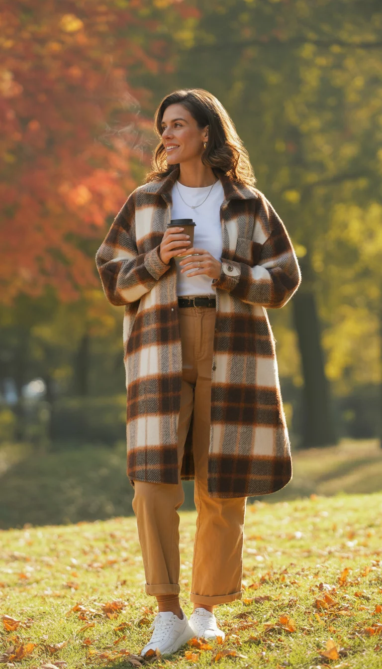 A beautiful 28-year-old woman in a brown and beige plaid shacket, white t-shirt, light tan pants, and white sneakers, holding a coffee cup in a park with autumn trees.