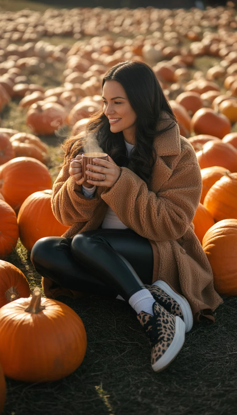 A beautiful 30-year-old woman in a brown teddy bear jacket, black leggings, and cheetah print sneakers, drinking from a cup at a pumpkin patch.