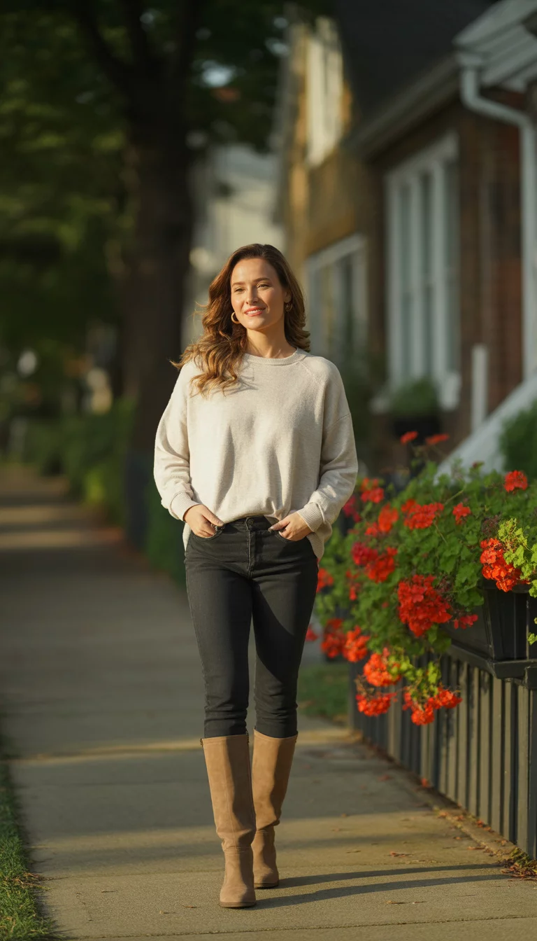 A beautiful 32-year-old woman in a light beige oversized sweater, dark wash skinny jeans, and tall tan suede boots, standing on a residential sidewalk.