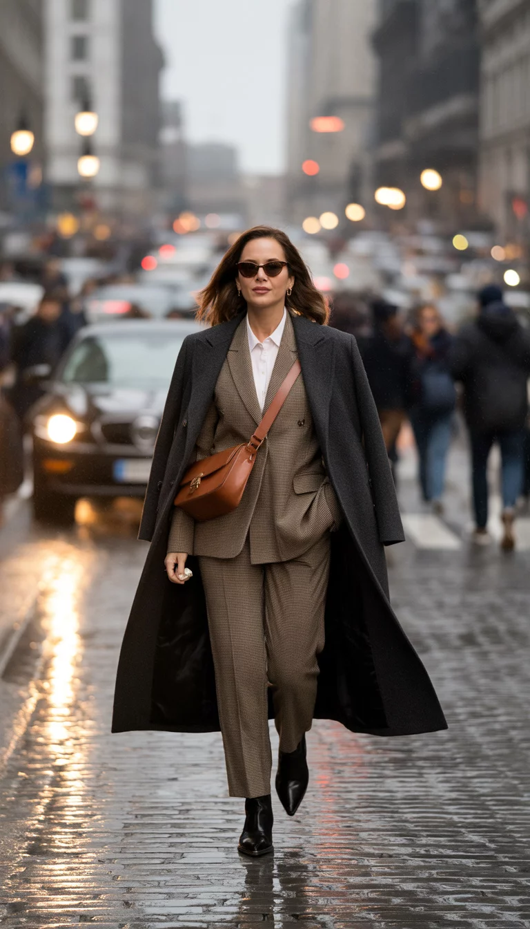 A beautiful 42-year-old woman in a brown tweed suit, oversized wool coat, black boots, brown leather satchel, and dark sunglasses, crossing a busy city street.
