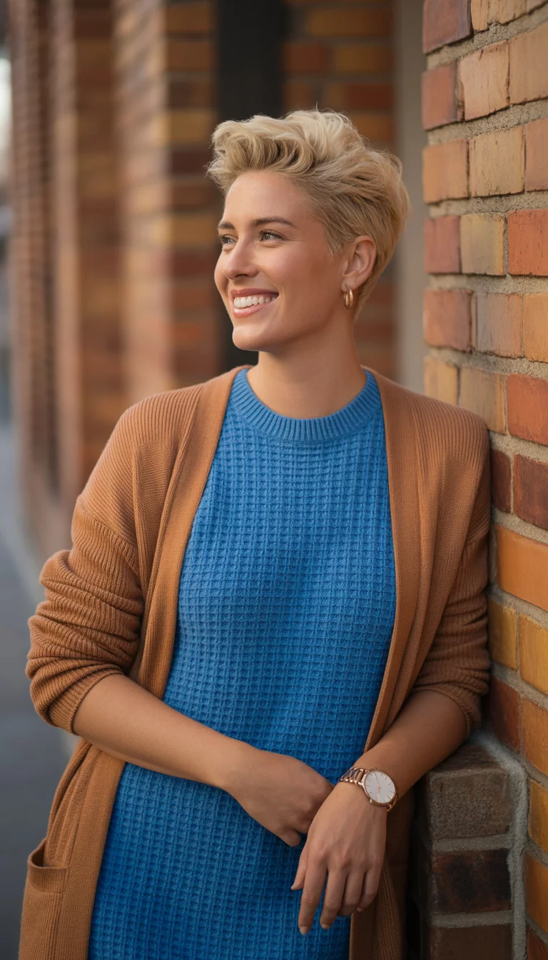 A beautiful 26-year-old woman with short blonde hair in a blue knit dress and an orangish-brown open cardigan, smiling by a rustic brick wall while wearing a silver watch.