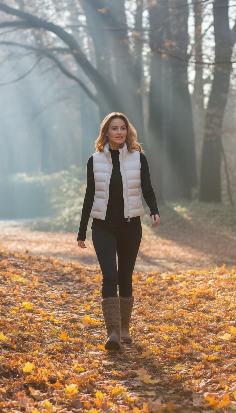 A beautiful 29-year-old woman in a white puffy vest, black long-sleeved top, black leggings, and tall brown snow boots, walking through a wooded area with fallen leaves.