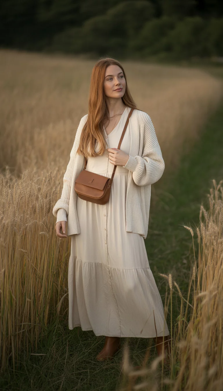 A beautiful 30-year-old woman in a cream maxi dress, matching cream knit cardigan, brown leather boots, and a brown crossbody bag.