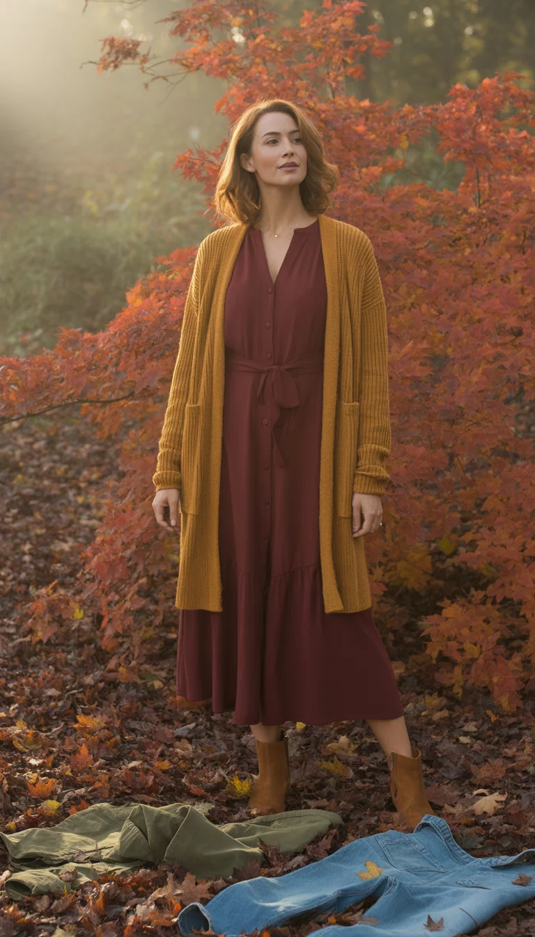 A beautiful 31-year-old woman in a burgundy dress, mustard yellow cardigan, and brown ankle boots, surrounded by autumn accessories like olive pants and corduroy overalls.