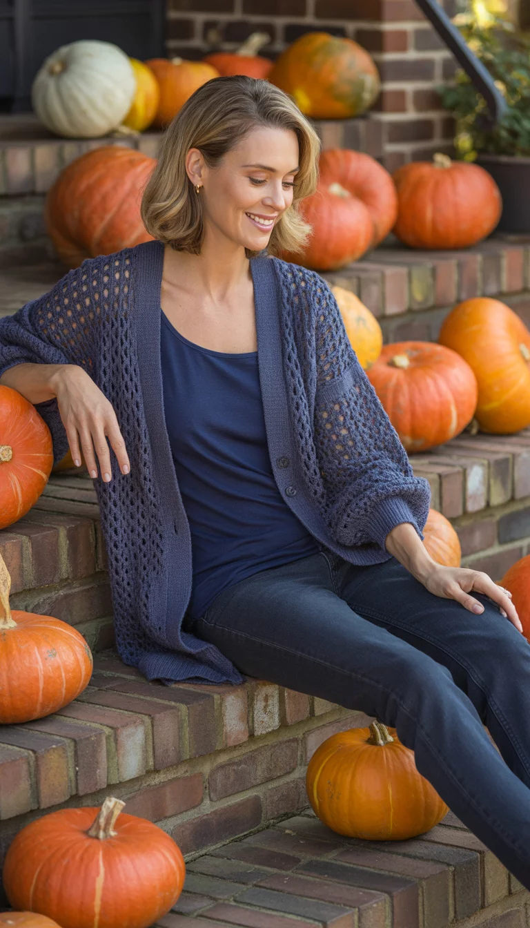 A beautiful 38-year-old woman in a navy open-knit cardigan with ruffled sleeves, a navy top, and dark denim jeans, posing on brick steps surrounded by pumpkins.