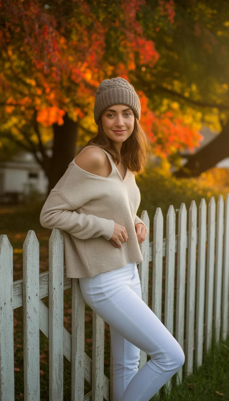 A beautiful 25-year-old woman in a cream off-the-shoulder sweater, white skinny jeans, and a grey knit beanie, leaning on a white fence with autumn trees behind her.