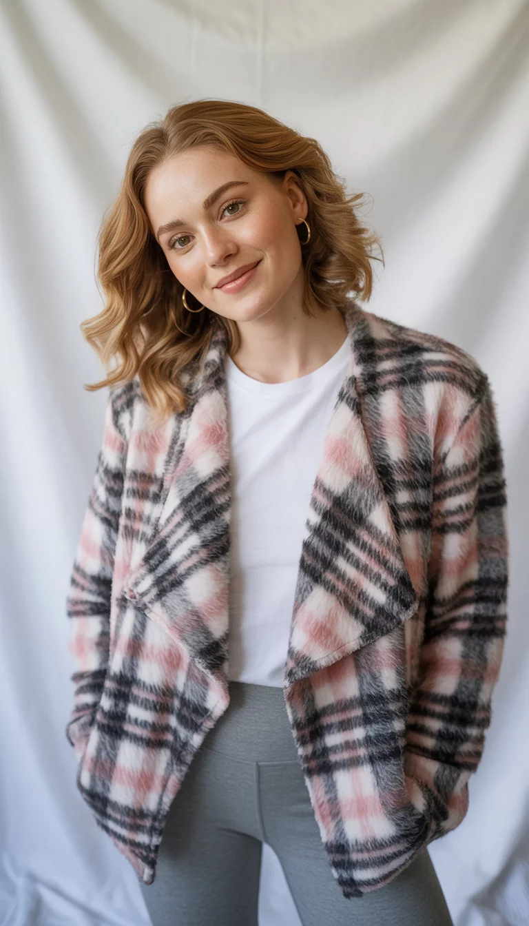 A beautiful 29-year-old woman in a pink, black, and grey plaid fuzzy open-front jacket with draped lapels, worn over a white t-shirt and grey leggings, standing against a white backdrop.