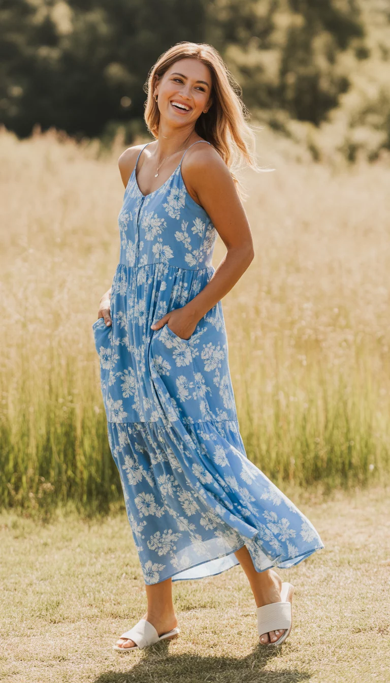 Floral Maxis And Easy Slides A beautiful 27-year-old woman in a blue floral maxi dress with pockets, wearing white slides and a happy smile in an outdoor setting with sunlight.