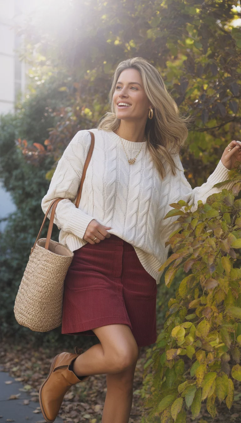 Layering Concepts For Warm Afternoons A beautiful 30-year-old woman in a collage of Fall Outfit Ideas for Warm Weather featuring various stylish outfit pairings and seasonal accessories.