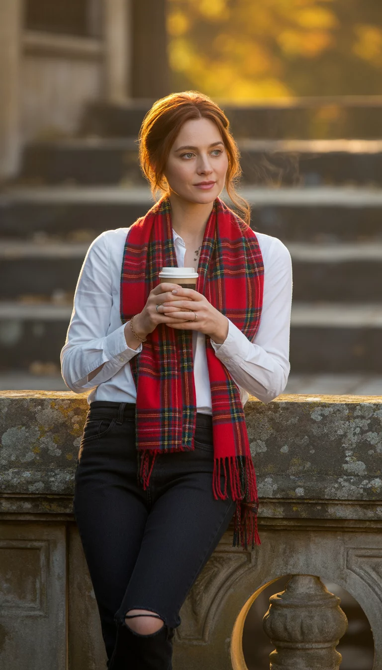 Classic Plaid And Ripped Denim A beautiful 29-year-old woman in black ripped jeans, a white long sleeve shirt, and a red plaid scarf, holding a coffee cup while standing on stone steps.