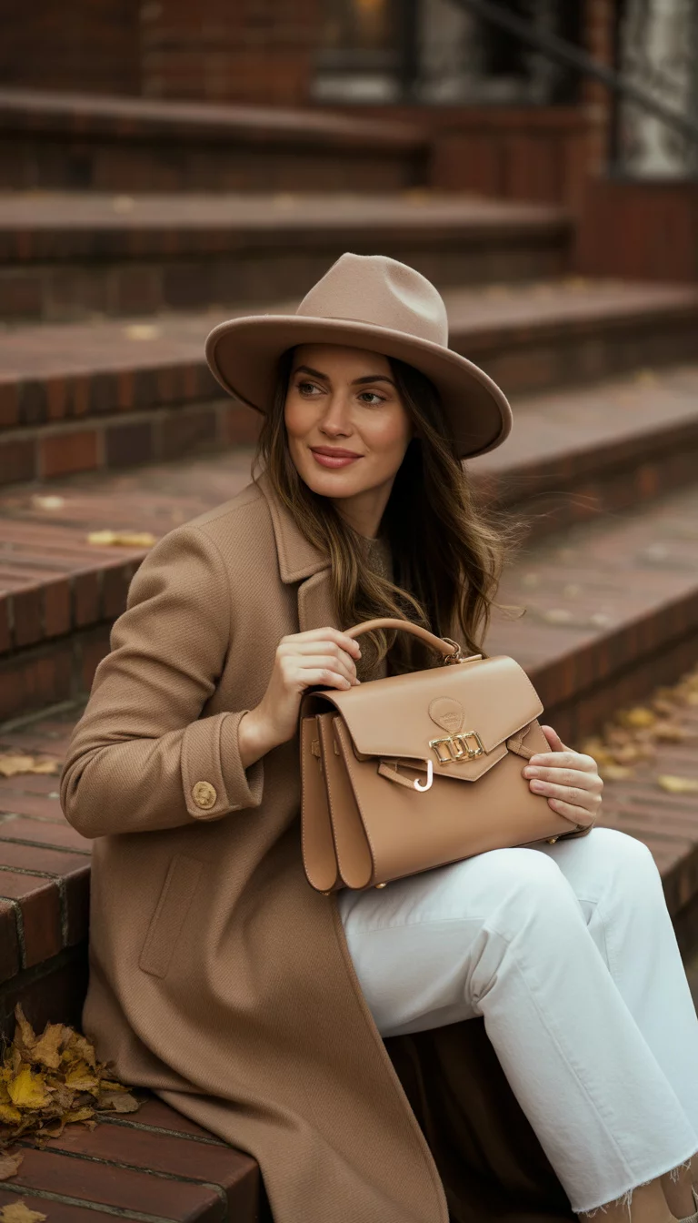 Camel Coats And White Denim A beautiful 30-year-old woman in a camel coat, white jeans, and a beige hat, sitting on red brick steps while holding a designer leather bag.