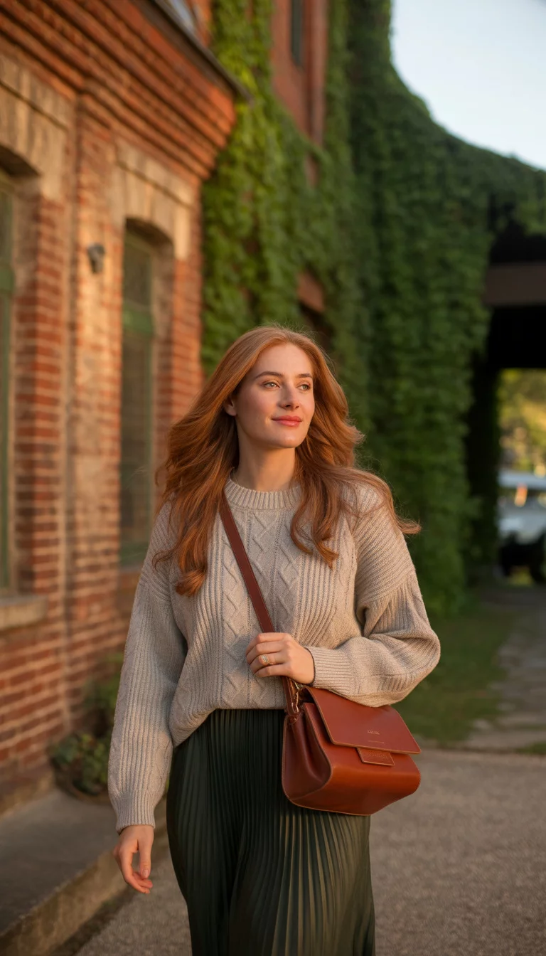 Earth Tones And Midi Skirts A beautiful 28-year-old woman in a light beige sweater and dark green midi skirt, carrying a brown cross-body bag, walking gracefully in front of a rustic red brick building.