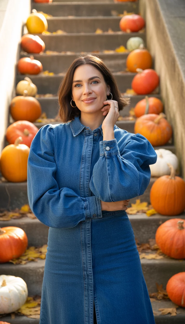 Double Denim And Pumpkins A beautiful 32-year-old woman in a denim dress with statement sleeves and dark denim jeans, posing on steps decorated with orange pumpkins.